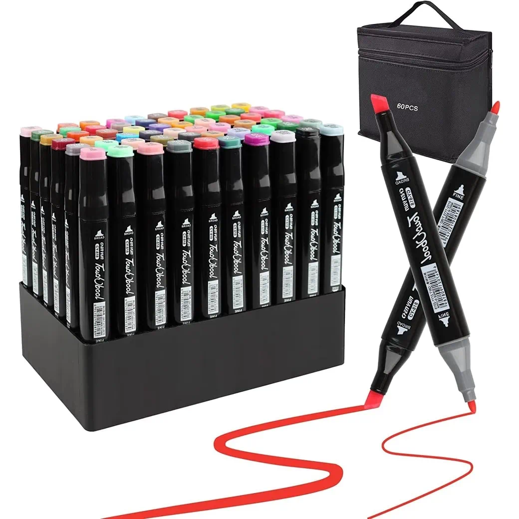 Set markere permanente, cu alcool, 60 culori, doua capete 1-6mm, 15 cm, geanta depozitare inclusa, Criando, MKR_60