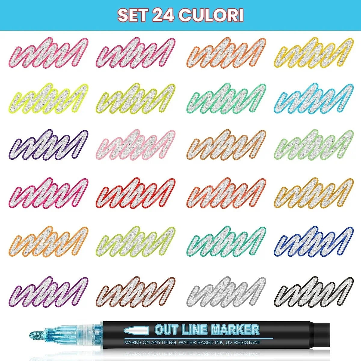 Set markere cu sclipici argintiu si contur colorat, 24 culori